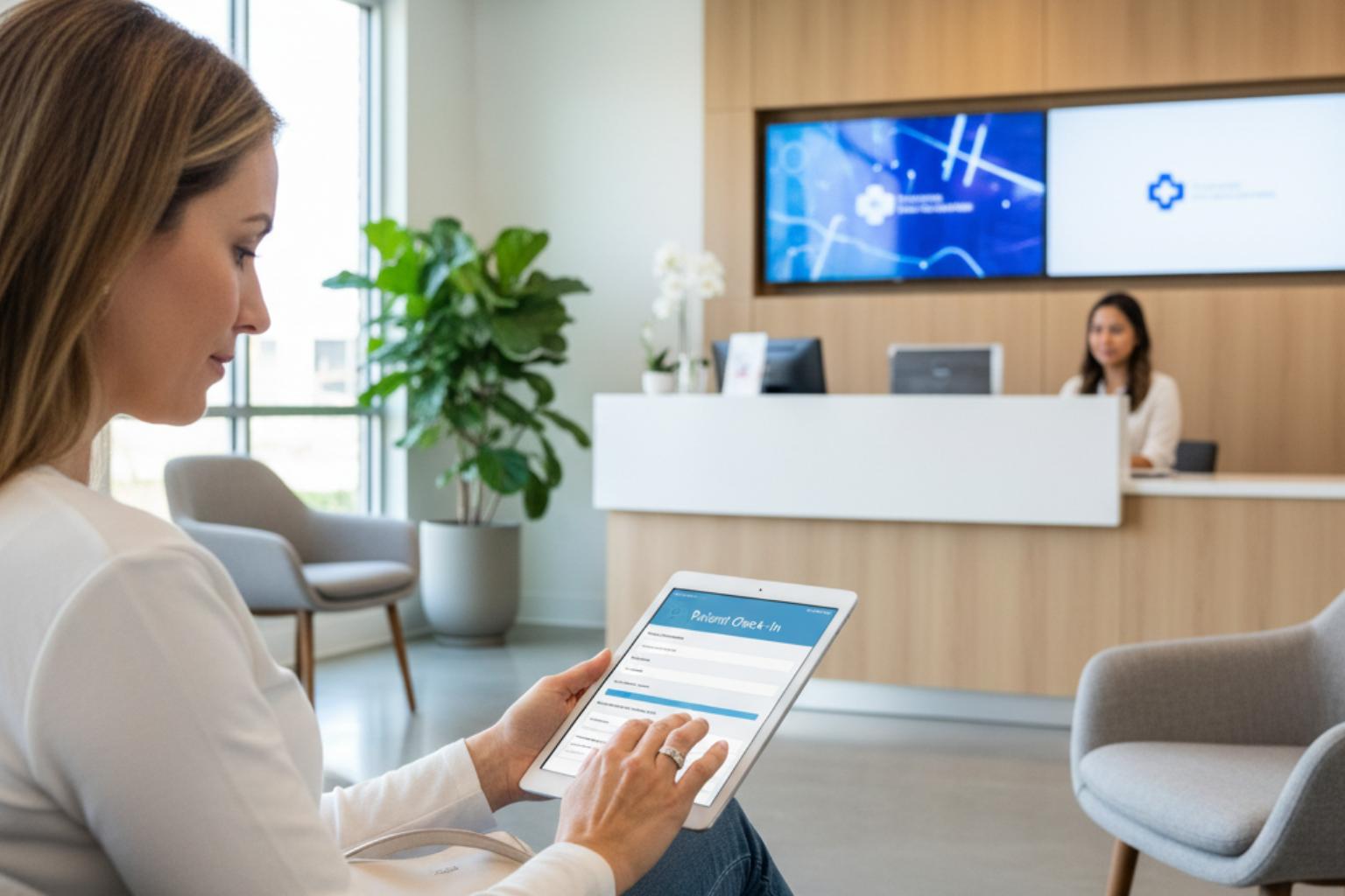 A patient completing digital check-in on a tablet in a clinic waiting room
