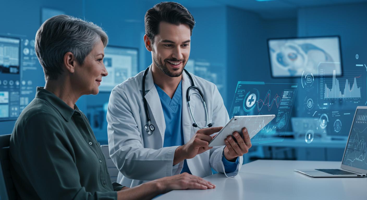 A clinician reviewing patient information with AI-assisted insights