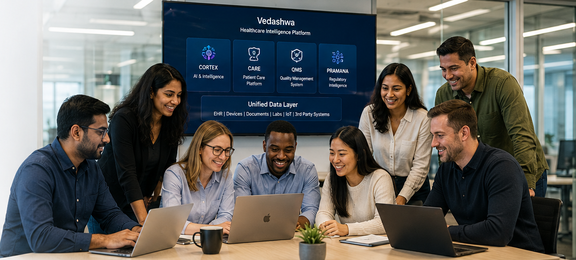 A Vedashwa team collaborating around the Healthcare Intelligence Platform — Cortex, Care, QMS, and Pramana over a unified data layer